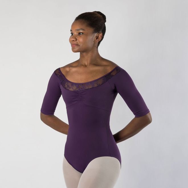 HALF-SLEEVED LEOTARD WITH LACE ACCENTS