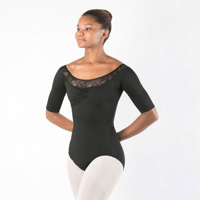 HALF-SLEEVED LEOTARD WITH LACE ACCENTS