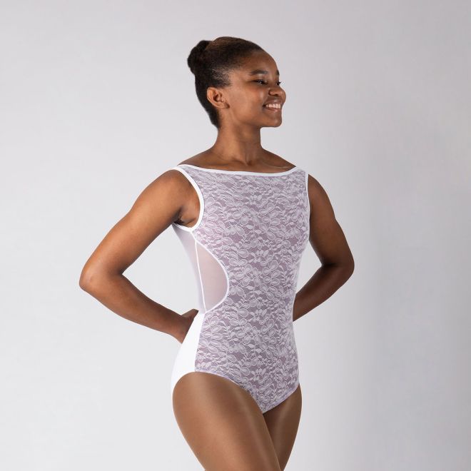 BOATNECK LEOTARD WITH LACE AND MESH OVERLAY